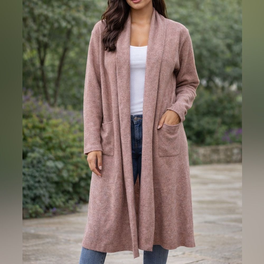 Revolve Maxsport Dusty Rose Mauve Long Open Front Sweater Cardigan